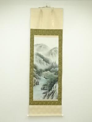 青峯筆　彩色山水　肉筆絹本掛軸（共箱）